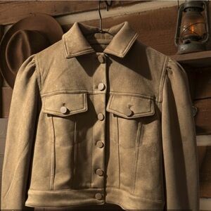 Western Cropped Light Faux Suede  Women's Tan Jacket puffed Sleeves